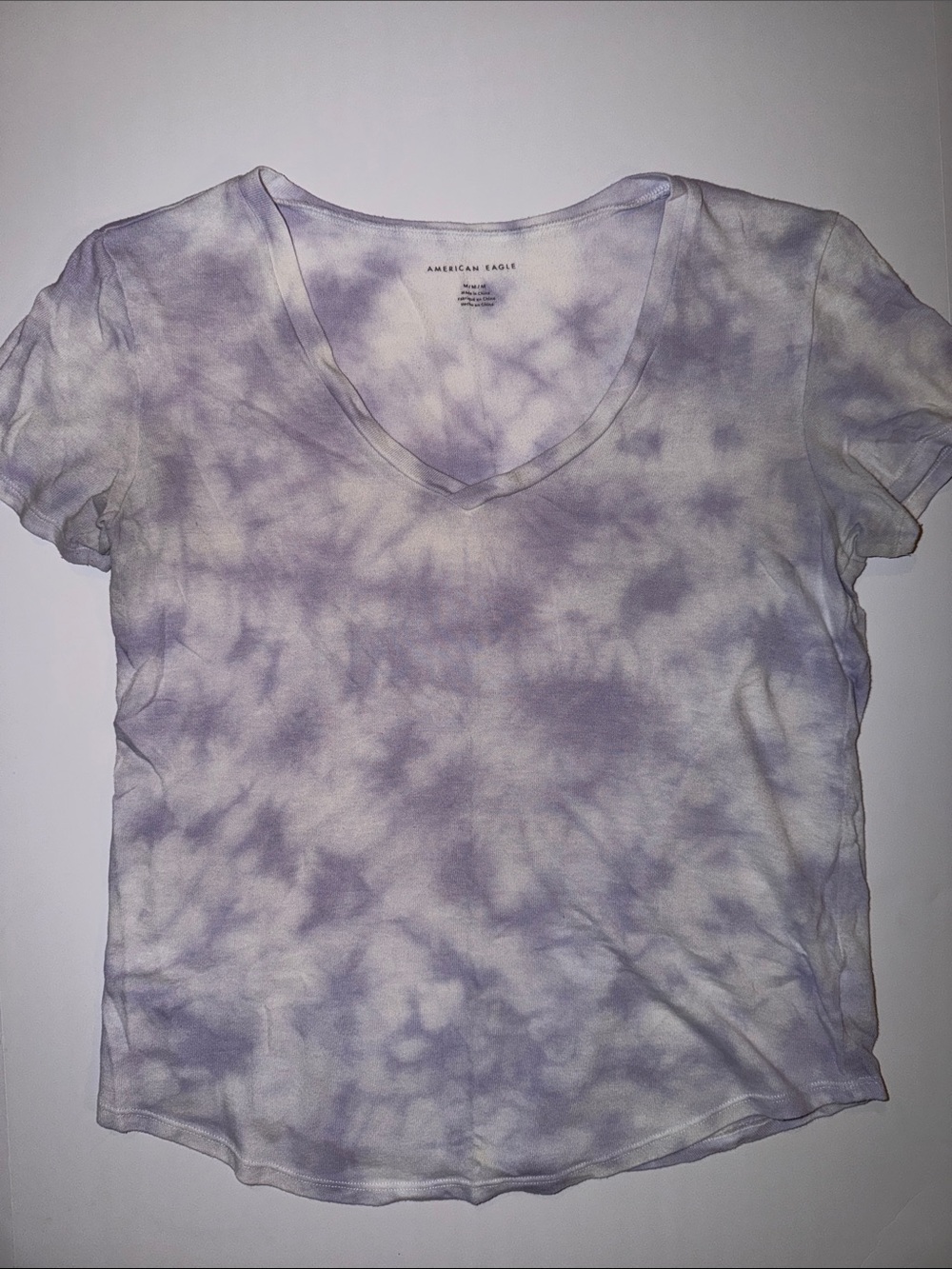 American Eagle Outfitters Lavender and White Tie-Dye V-Neck Tee